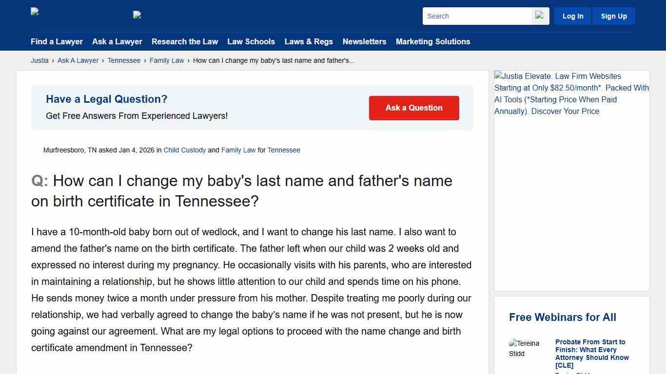 How can I change my baby's last name and father's name on birth certificate in Tennessee? - Tennessee Family Law Questions & Answers - Justia Ask A Lawyer